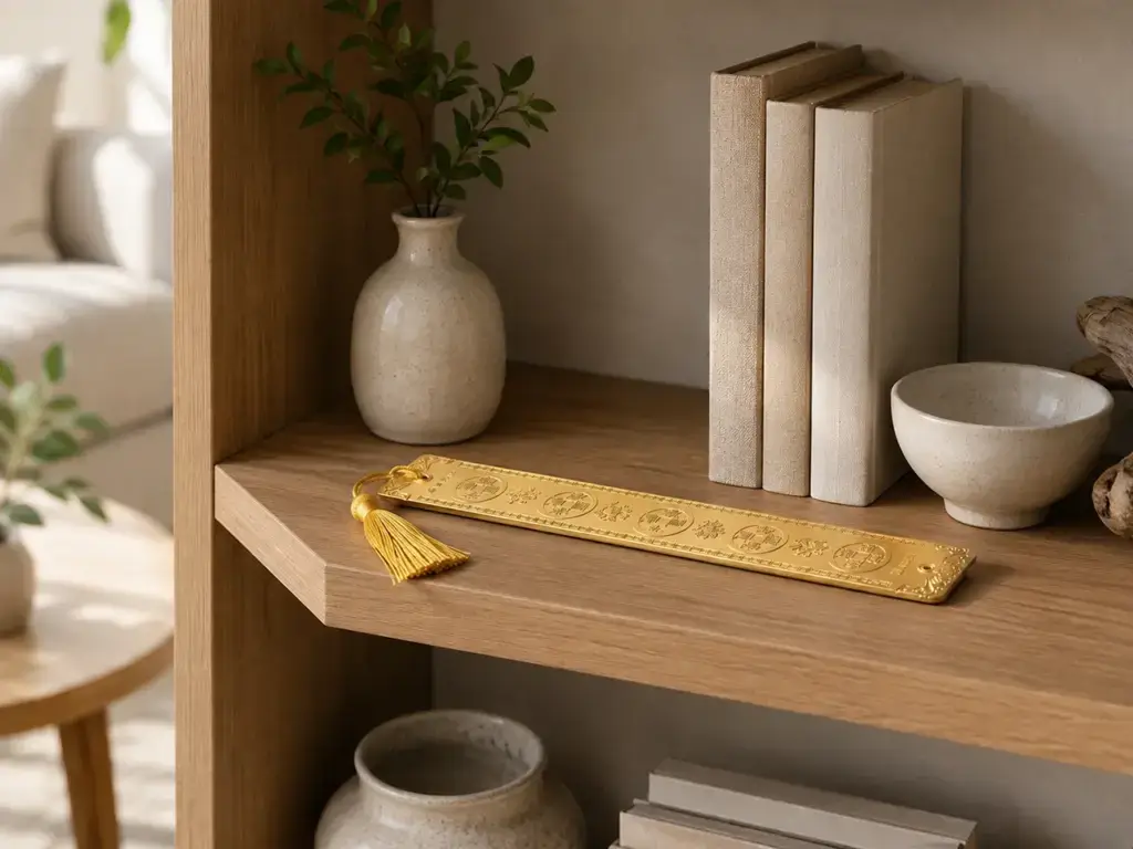 Where to Place a Five Emperor Ruler at Home 4 Five Emperor Ruler arranged on a bookshelf with books and collected objects