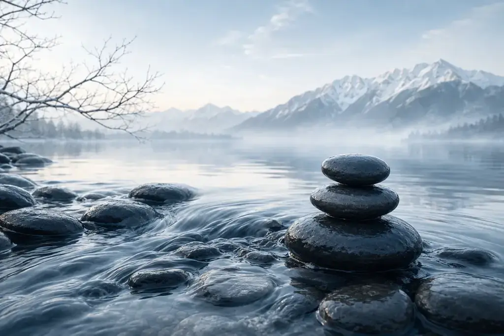 Water Element Meaning in Wu Xing Philosophy shown through flowing water, winter mist, dark stones, and restrained natural light
