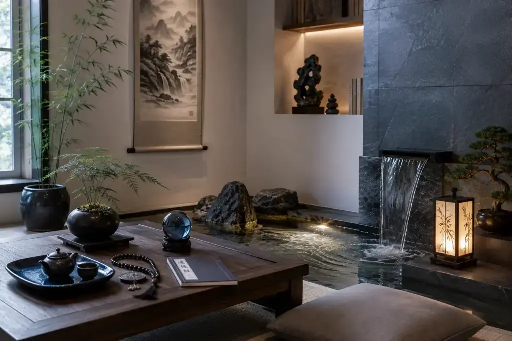 Water-inspired Daoist reading space with flowing forms, dark accents, and a small cultural object