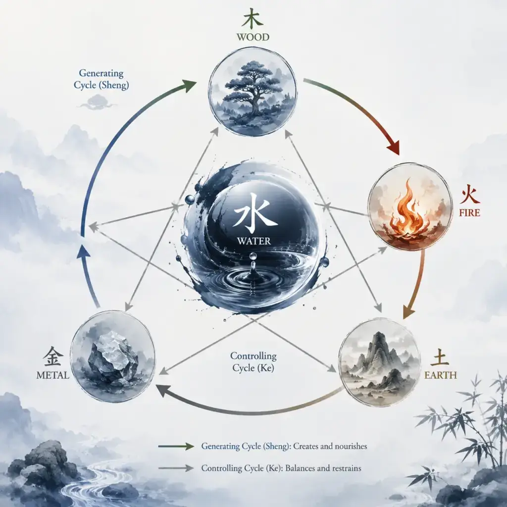 Water in the Wu Xing generating and regulating cycles with Metal, Wood, Earth, and Fire