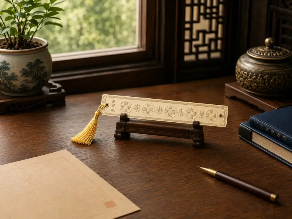 Where to Place a Five Emperor Ruler at Home 1 Five Emperor Ruler displayed beside books and desk accessories in a home study