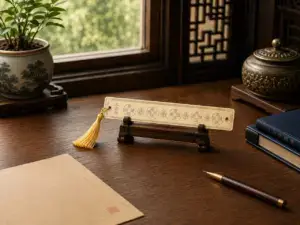 Five Emperor Ruler displayed beside books and desk accessories in a home study