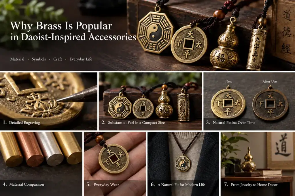 Brass Daoist accessories featuring engraved Bagua and Yin-Yang details