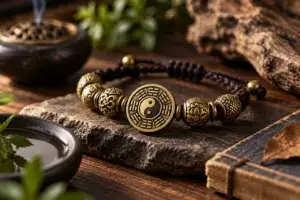 Brass Daoist accessories featuring engraved Bagua and Yin-Yang details
