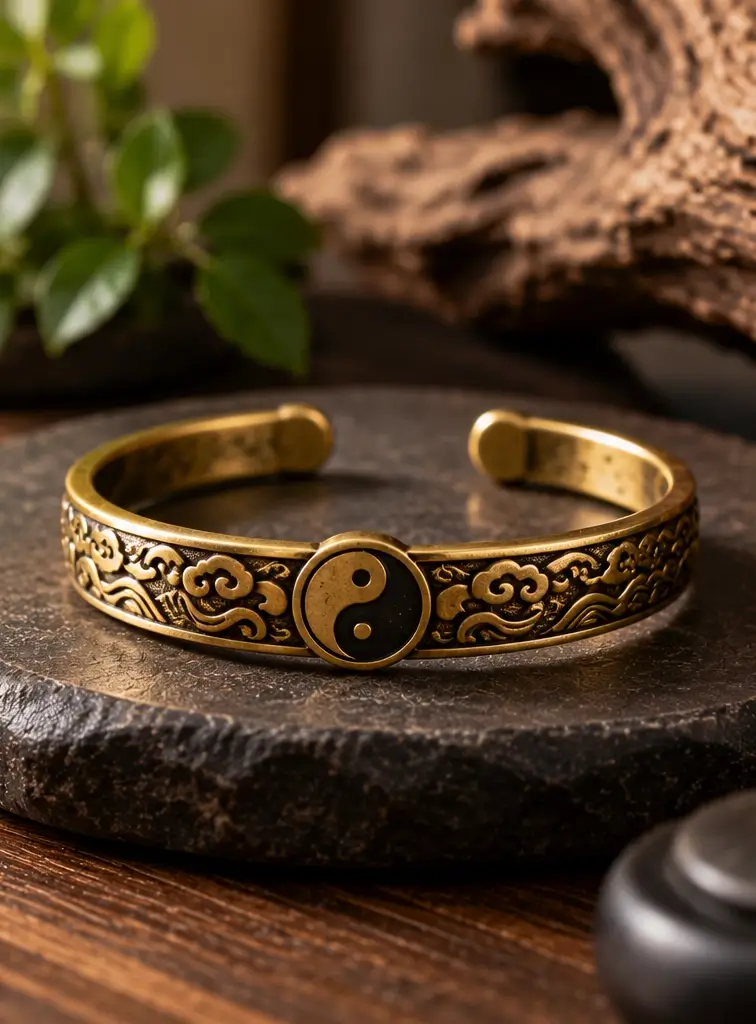 Brass Daoist accessories featuring engraved Bagua and Yin-Yang details