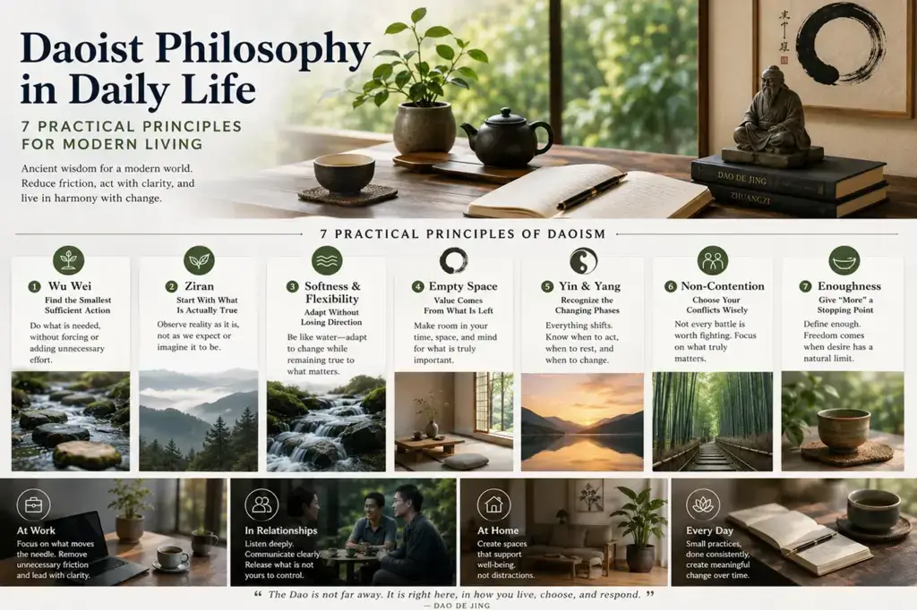 Daoist philosophy in daily life reflected in a quiet modern routine with natural light, tea, a journal, and uncluttered space