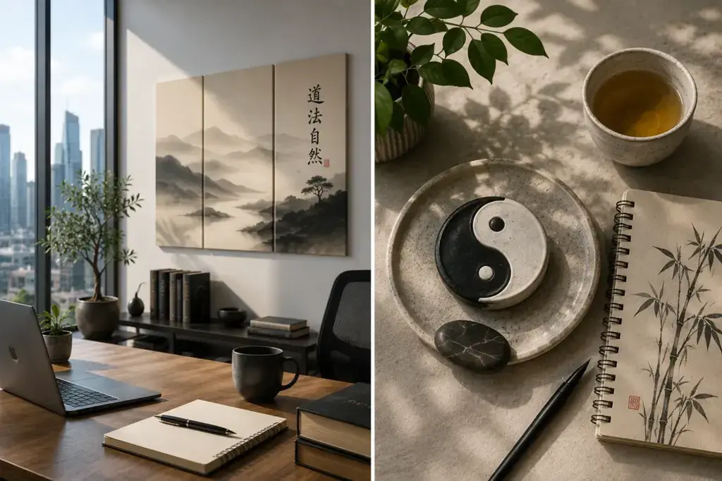 Daoist-inspired cultural object displayed with intentional open space in a modern home