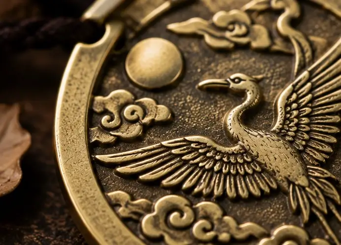Close-up of engraved Chinese symbols on a solid brass Daoist pendant