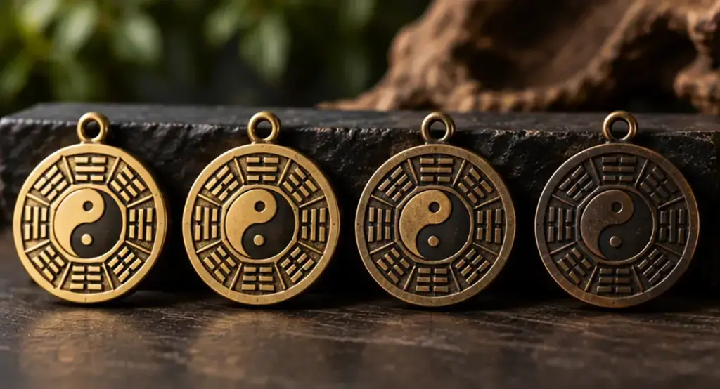 Solid brass Daoist accessories showing bright and naturally aged patina surfaces