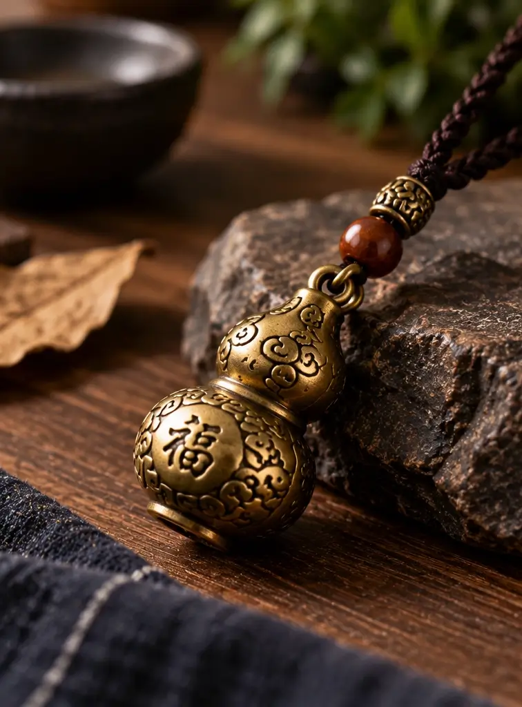 Solid brass Wu Lou charm with engraved details and a naturally warm metal finish