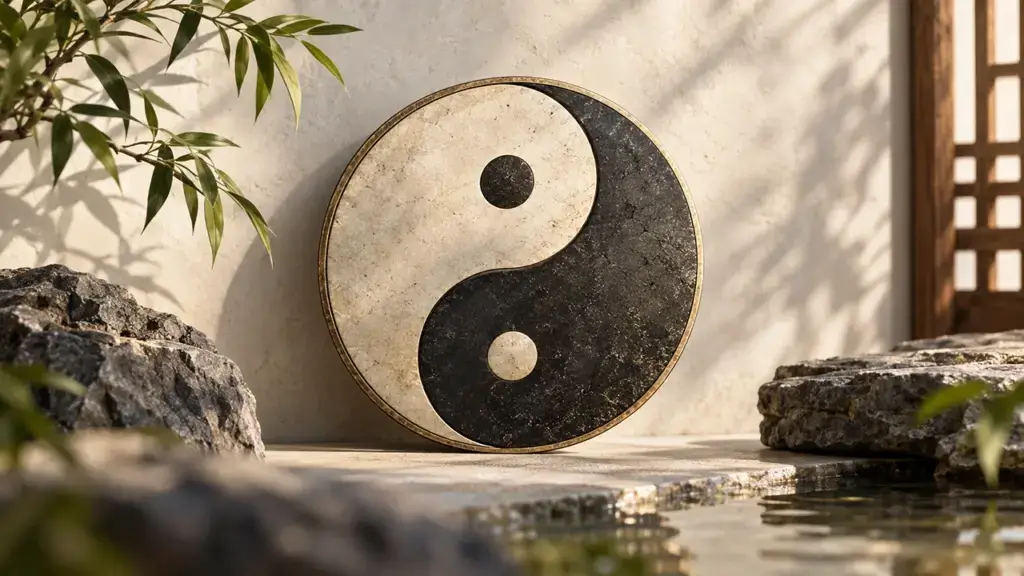 Taiji meaning explained through the circle, curved division, Yin-Yang sections, and contrasting dots of the Taijitu