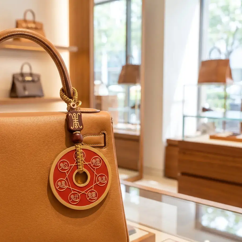 Jin Guang Zhou brass coin charm attached to a handbag with braided hanging loop