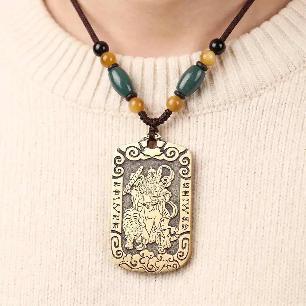Zhao Gongming tiger brass pendant necklace styled with casual clothing